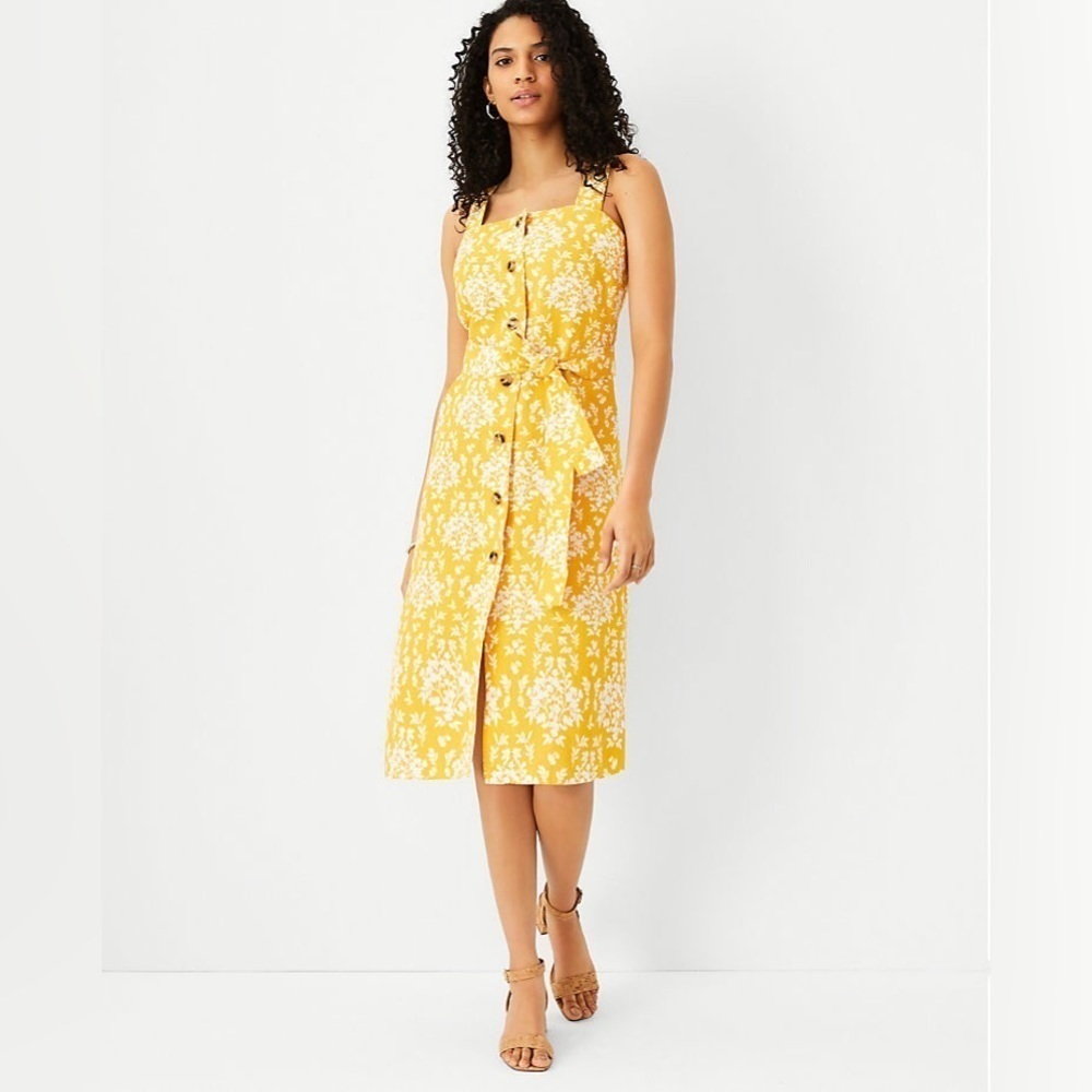 Ann Taylor Yellow & White Floral Belted Button Dress in Squash Blossom sz 4